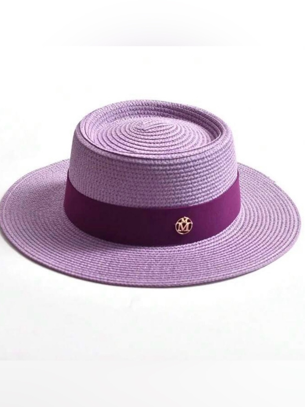 Lavender Straw Boater Hat with Dark Purple Band